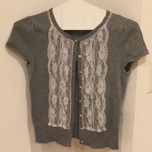 Short sleeve grey/lace shirt.